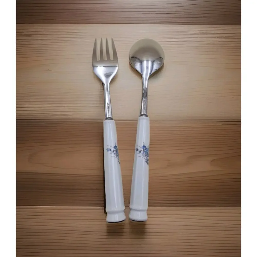 Set 2 Noritake BLEUFLEUR Stainless Floral Japan Cold Meat Fork & Serving Spoon